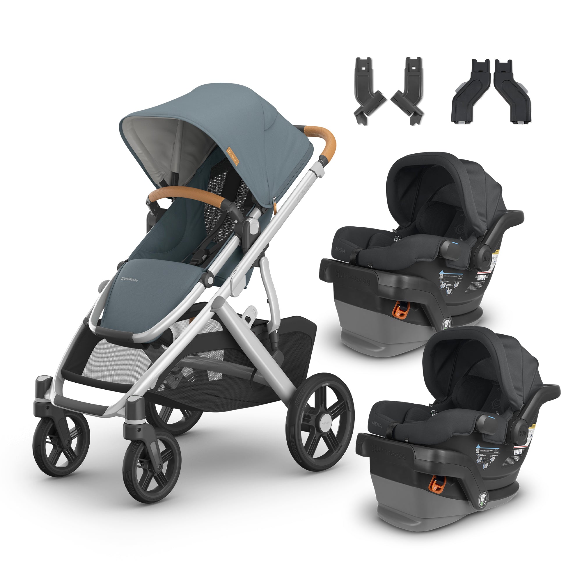 UPPAbaby Vista V3 From Birth Twin Mode Travel System (Carrinho de bebê + 2 assentos de carro para bebês Mesa V2 + adaptadores)- Bambi Baby