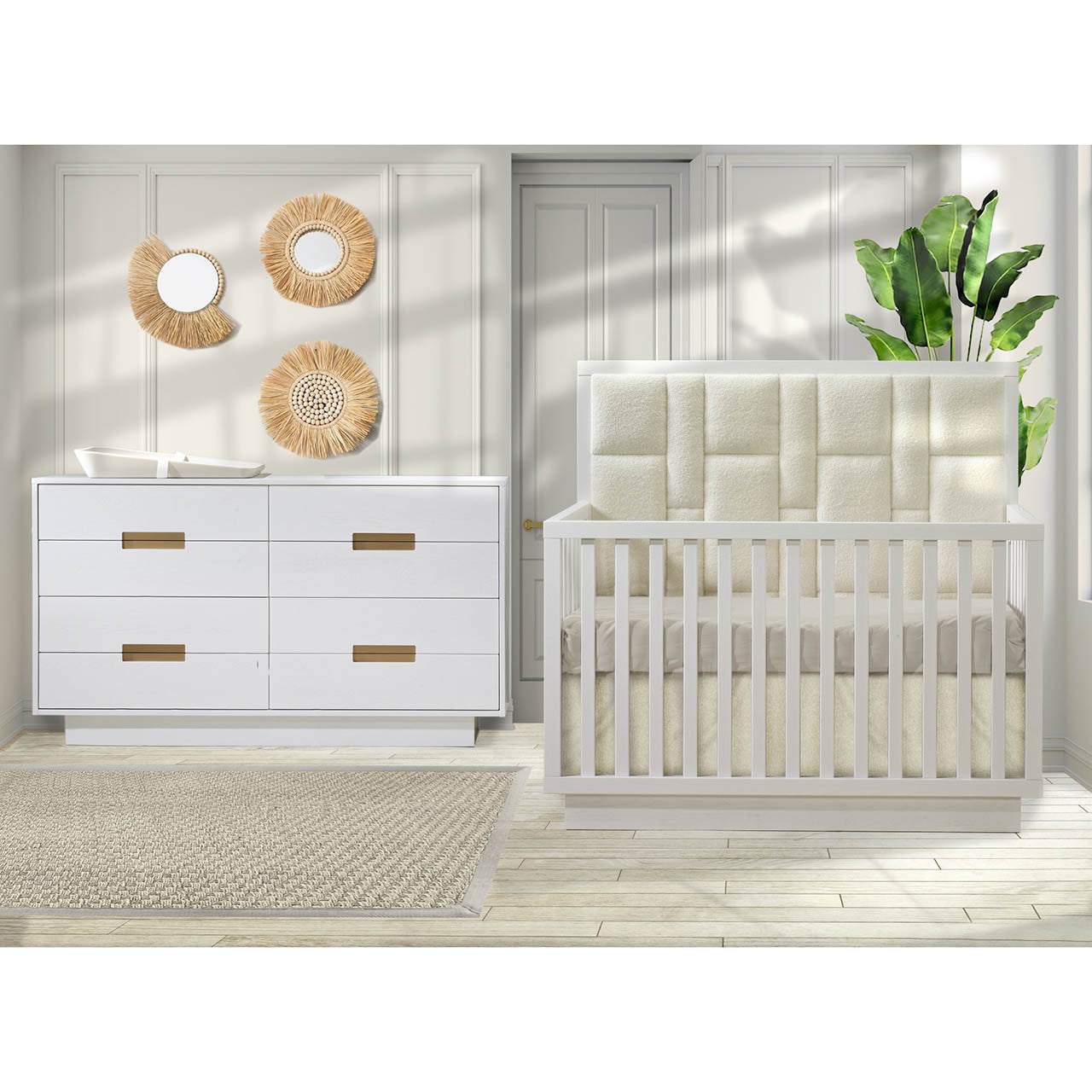 Natart Como Crib-To-Double With Upholstered Panel Boucle Beige in White- Bambi Baby
