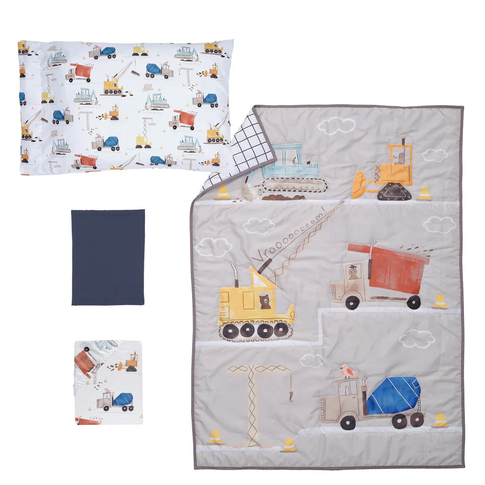 Bedtime Originals Construction Zone 4-Piece  Gray/Navy/White Toddler Bedding Set- Bambi Baby