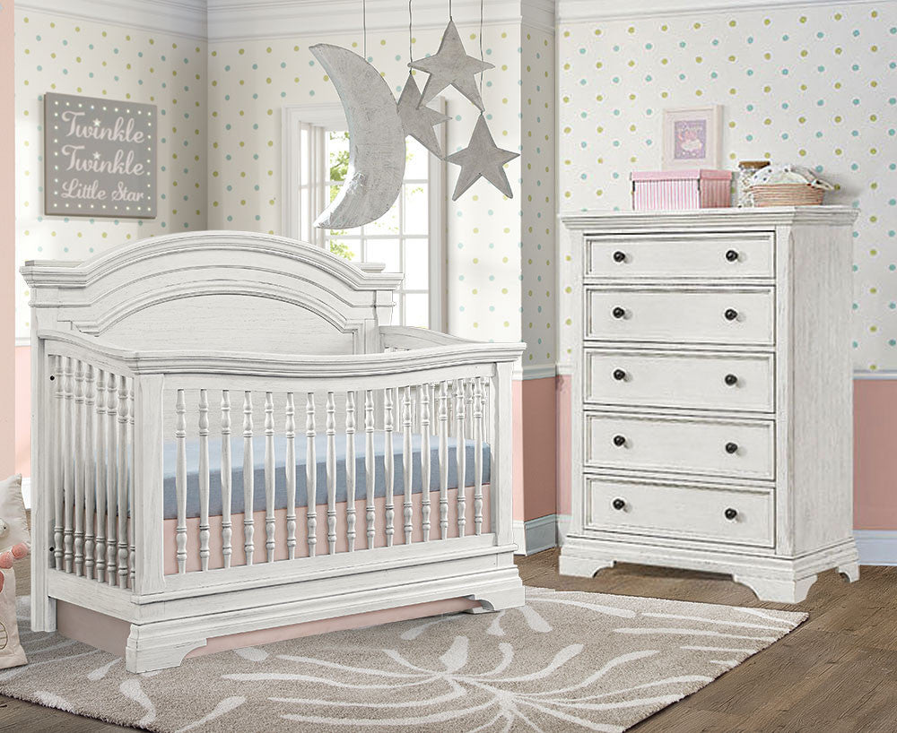 Westwood Olivia 2 Piece Nursery Set - Arched Crib and 5 Drawer Chest in Brushed White- Bambi Baby