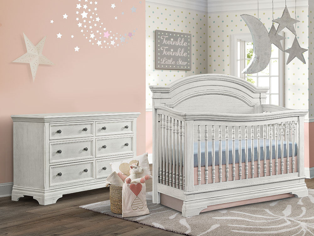 Westwood Olivia 2 Piece Nursery Set - Arched Crib and 6 Drawer Dresser in Brushed White- Bambi Baby