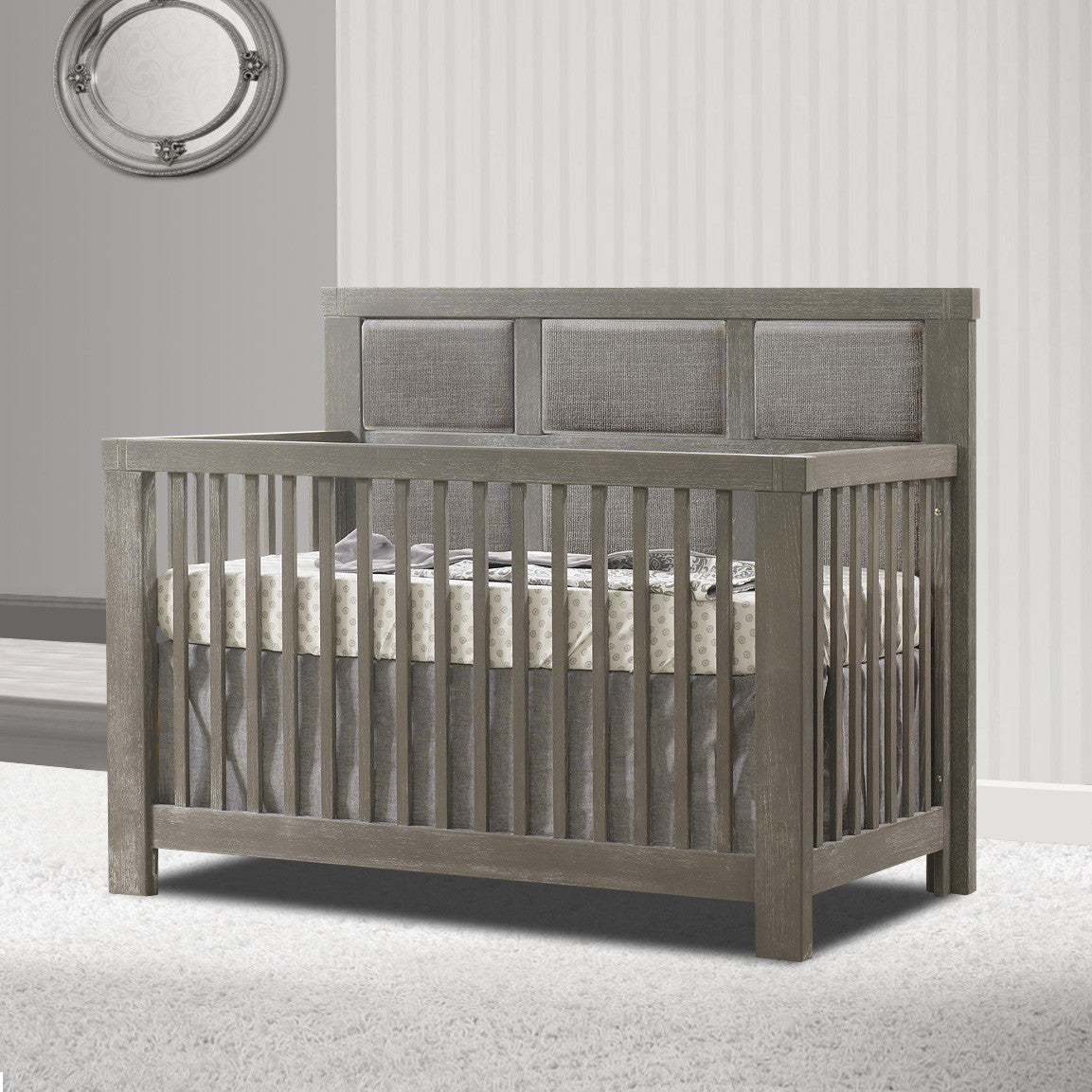 Natart Rustico Collection 5 in 1 Convertible Crib in Owl with Upholstered Panel in Fog- Bambi Baby