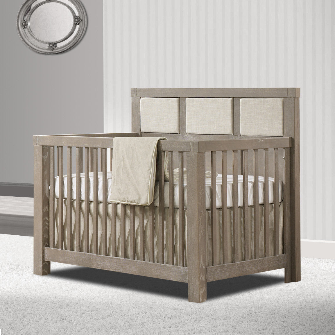 Natart Rustico Collection 5 in 1 Convertible Crib in Sugar Cane with Upholstered Panel in Talc- Bambi Baby
