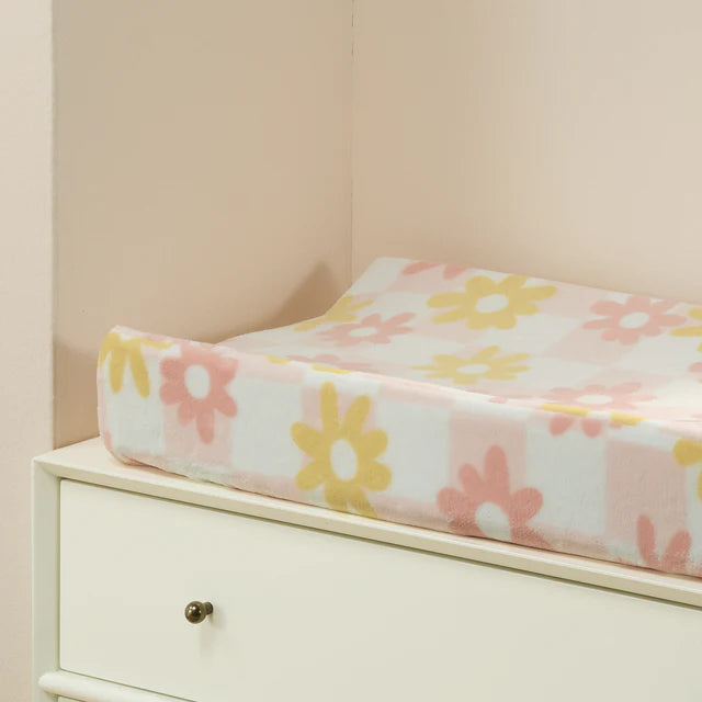 Lambs & Ivy Daisy Dreams Pink/White Checkered Soft Luxury Changing Pad Cover- Bambi Baby