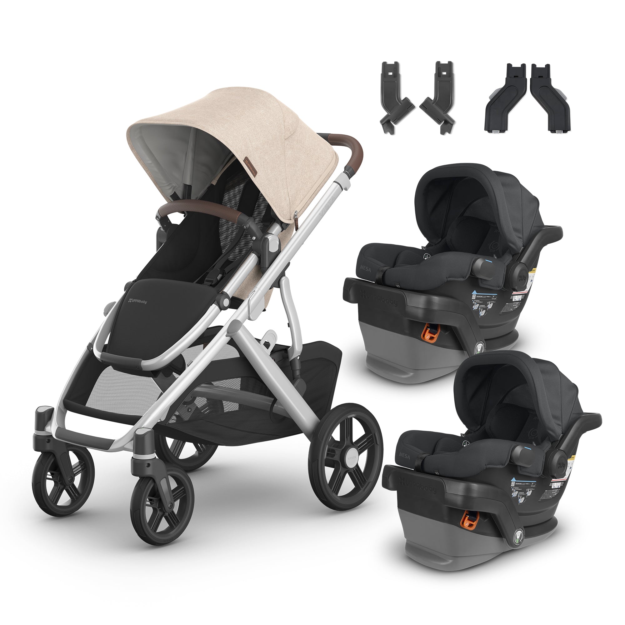 UPPAbaby Vista V3 From Birth Twin Mode Travel System (Stroller + 2 Mesa V2 Infant Car Seats + Adapters)- Bambi Baby