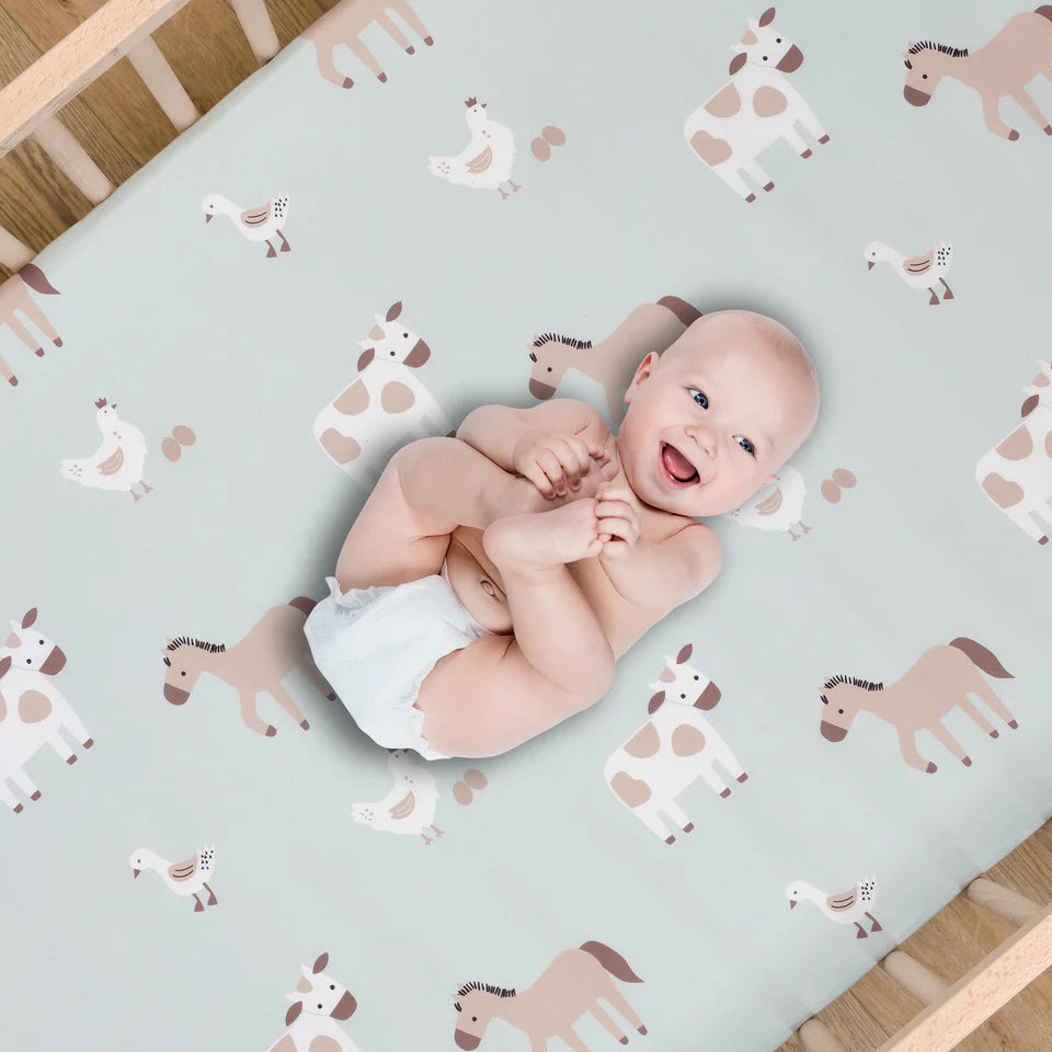 Bedtime Originals Farmyard Friends Sage Green Baby Nursery Fitted Crib Sheet- Bambi Baby