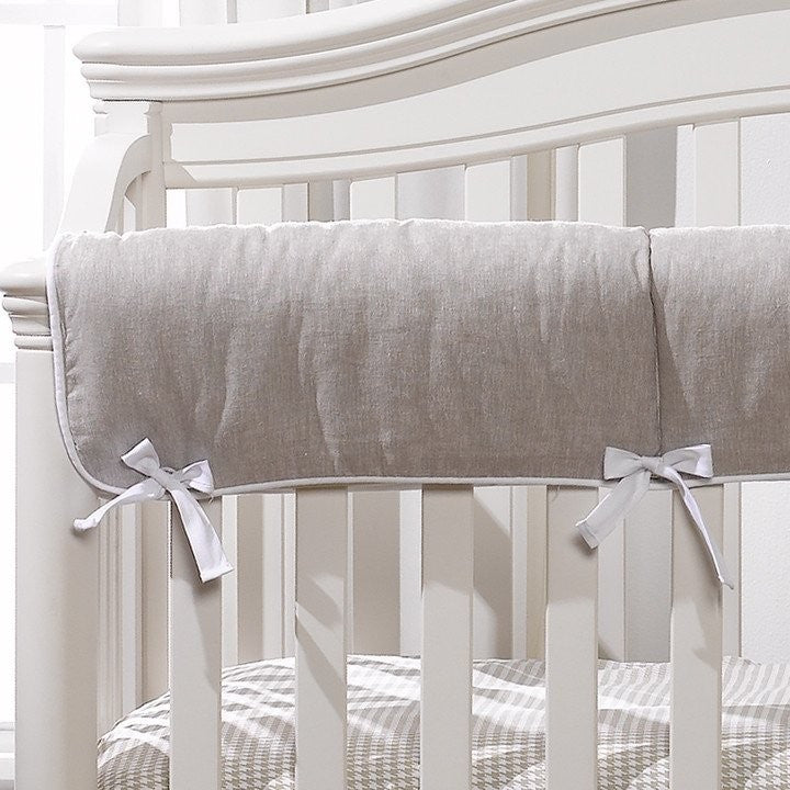 Liz and Roo Flax Linen Blend Crib Rail Cover with White Trim- Bambi Baby
