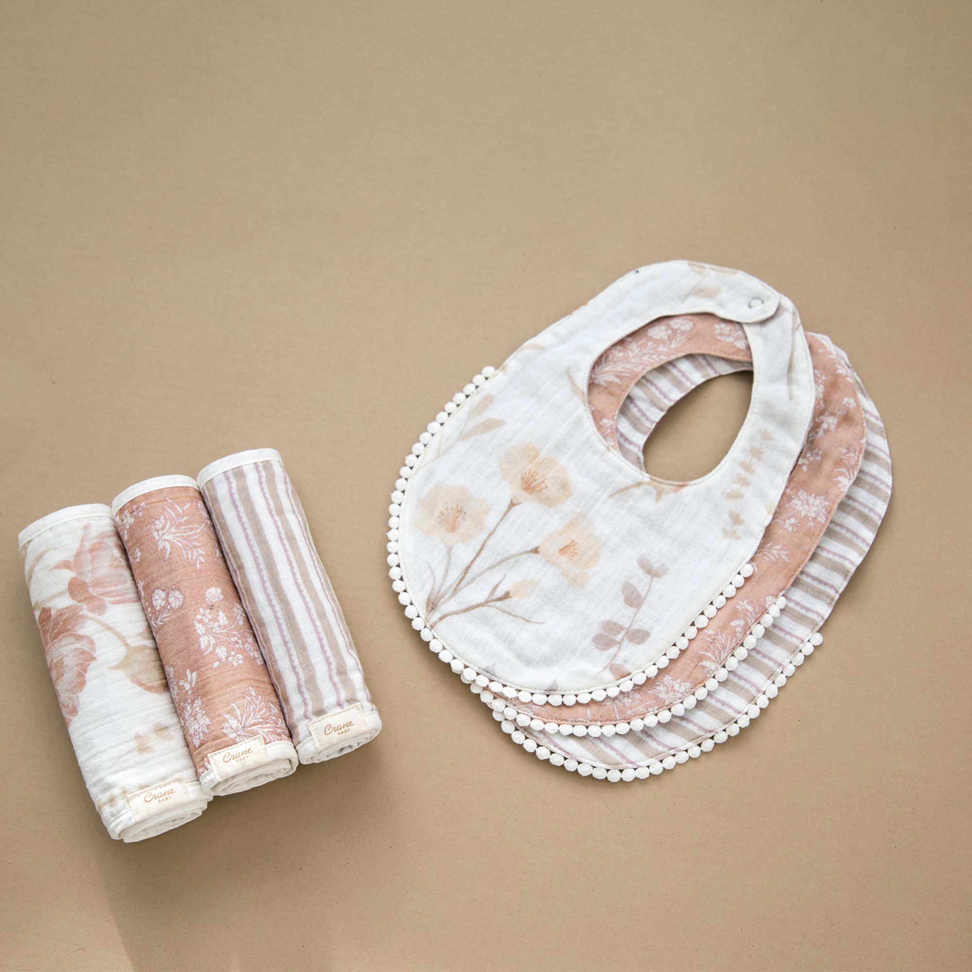Crane Baby Violet Floral Cotton Muslin Burp Cloth Set (3 Pack)- Bambi Baby