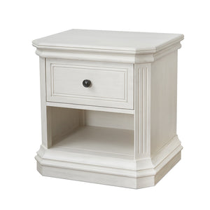 Brushed Ivory Sorelle Vista Elite Nightstand with Dark Metal Knob and Open Storage Shelf - Front Angle | Bambi Baby