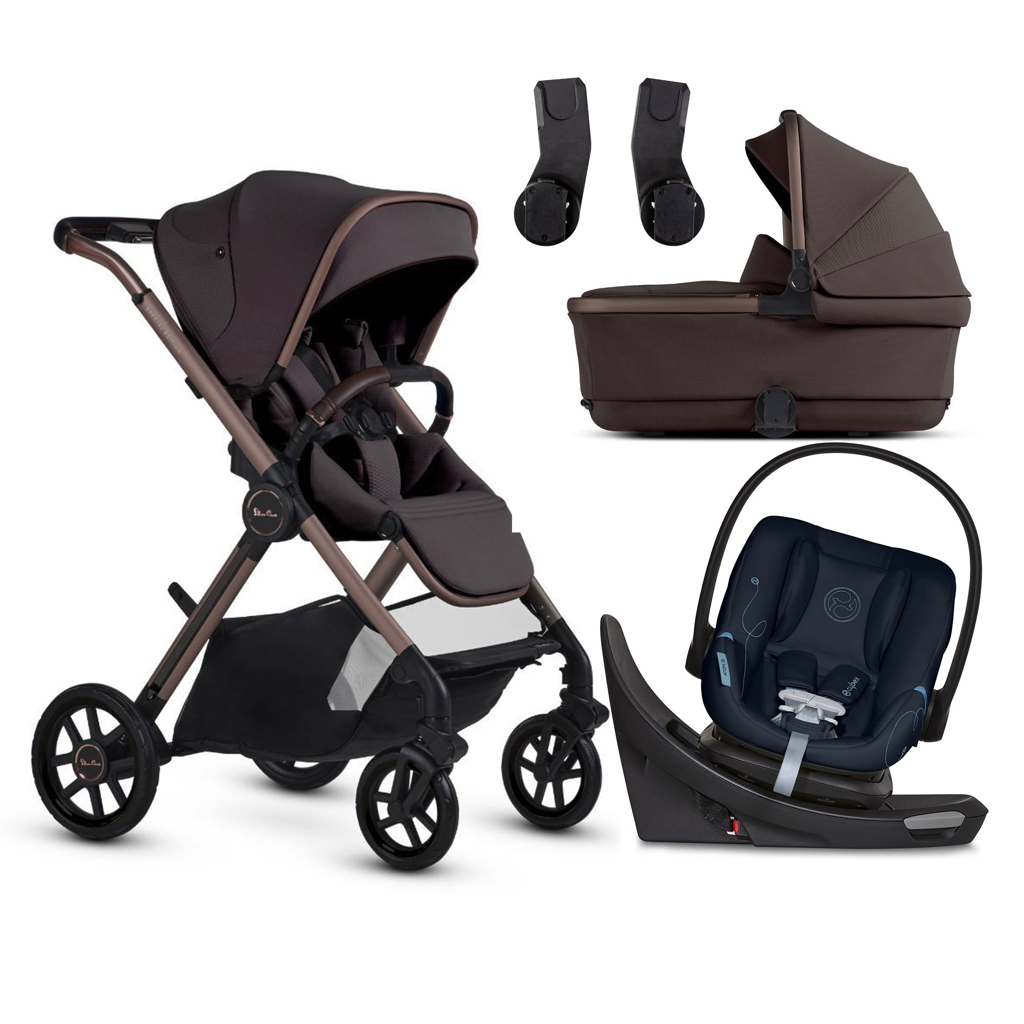 Silver Cross Reef 2 Stroller + Folding Bassinet + Cybex Aton G Swivel Travel System- Bambi Baby