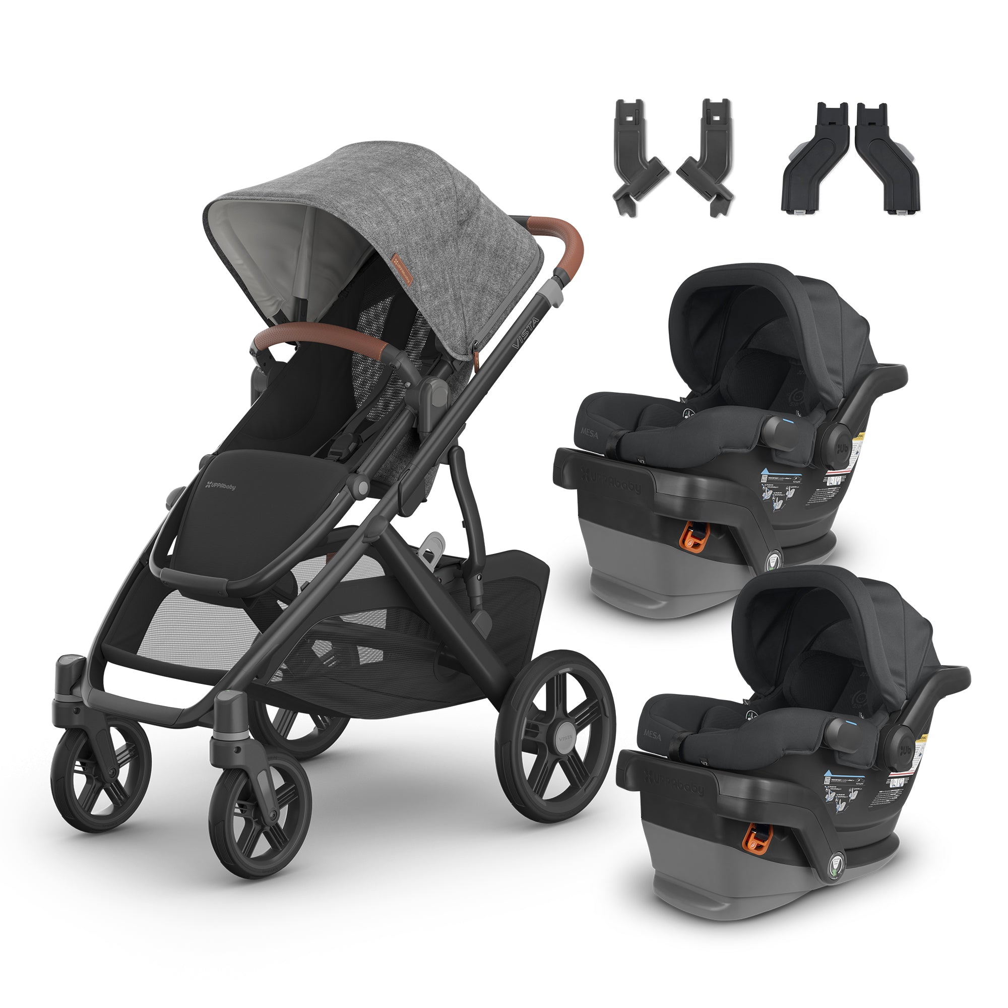 UPPAbaby Vista V3 From Birth Twin Mode Travel System (Stroller + 2 Mesa V2 Infant Car Seats + Adapters)- Bambi Baby