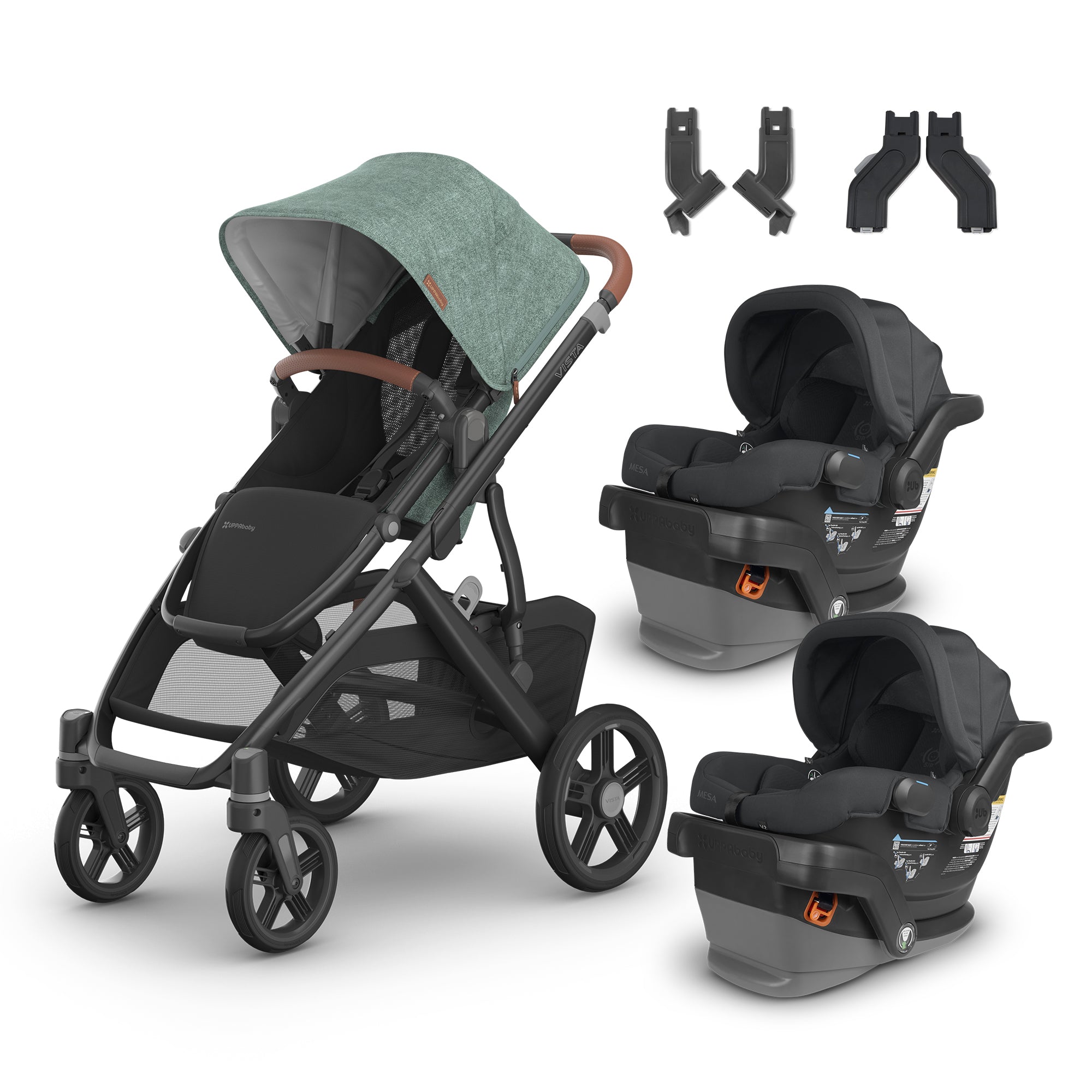 UPPAbaby Vista V3 From Birth Twin Mode Travel System (Stroller + 2 Mesa V2 Infant Car Seats + Adapters)- Bambi Baby