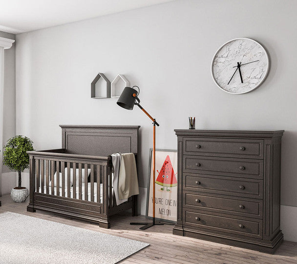 Silva Jackson 2 Piece Nursery Set- Crib and 5 Drawer Dresser in Oil Grey- Bambi Baby