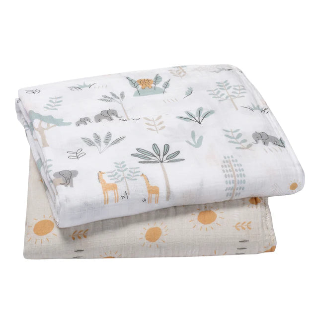 Lambs & Ivy Jungle Adventure 2-Pack Cotton Muslin Newborn Baby Swaddle Blankets- Bambi Baby