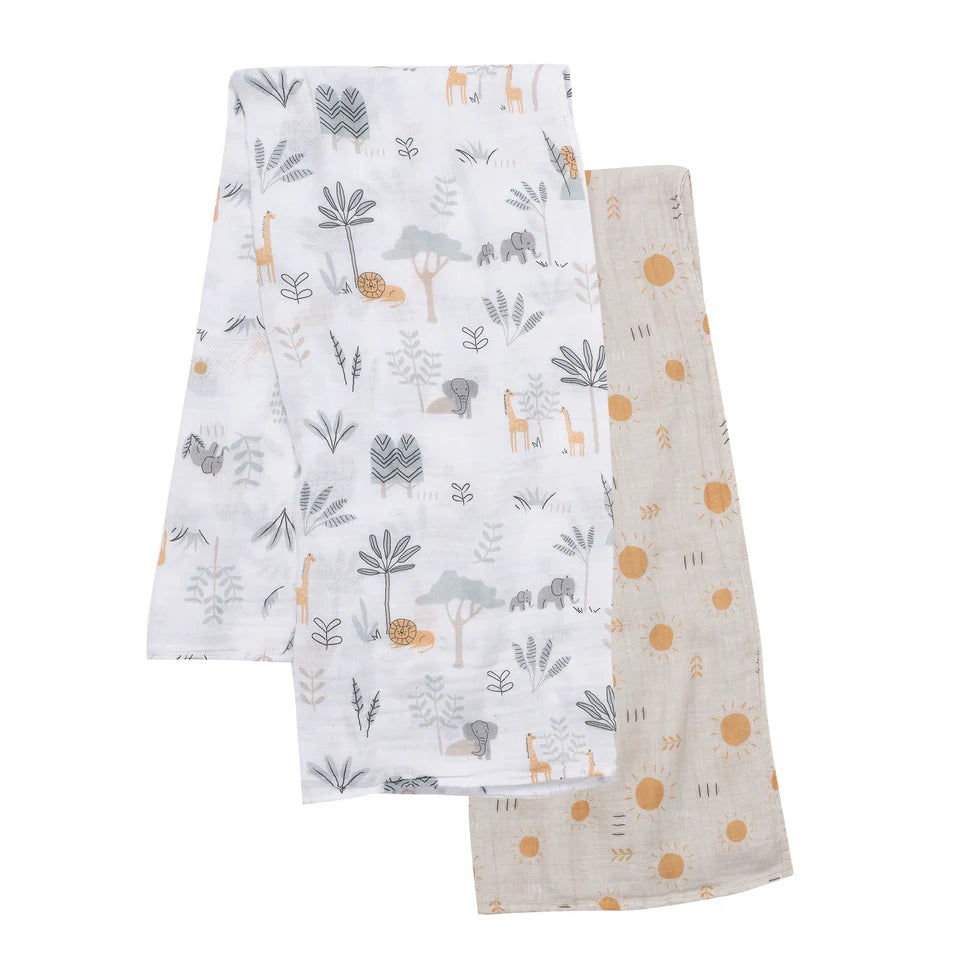 Lambs & Ivy Jungle Adventure 2-Pack Cotton Muslin Newborn Baby Swaddle Blankets- Bambi Baby