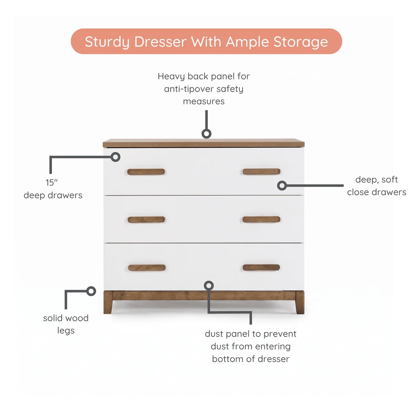dadada LaLa Little 3-Drawer Dresser - White/Walnut- Bambi Baby