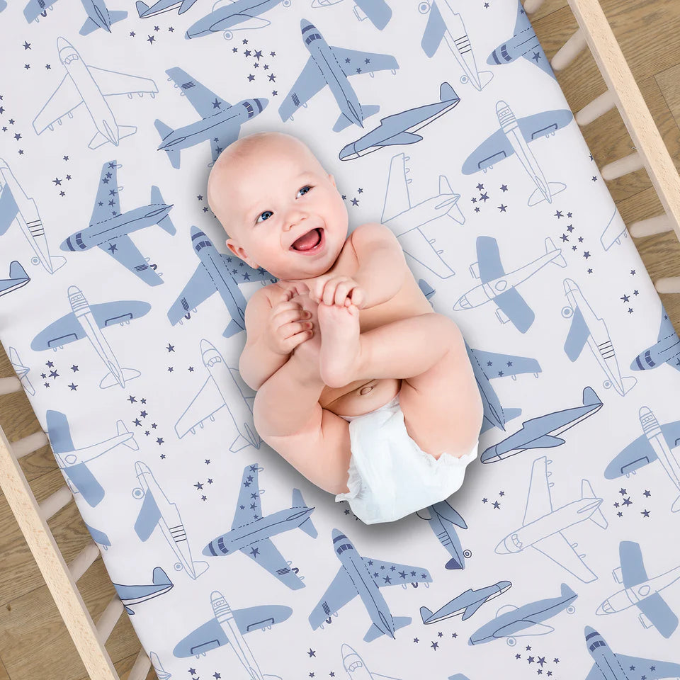 Bedtime Originals Little Aviator Airplane Baby/Toddler White Fitted Crib Sheet- Bambi Baby