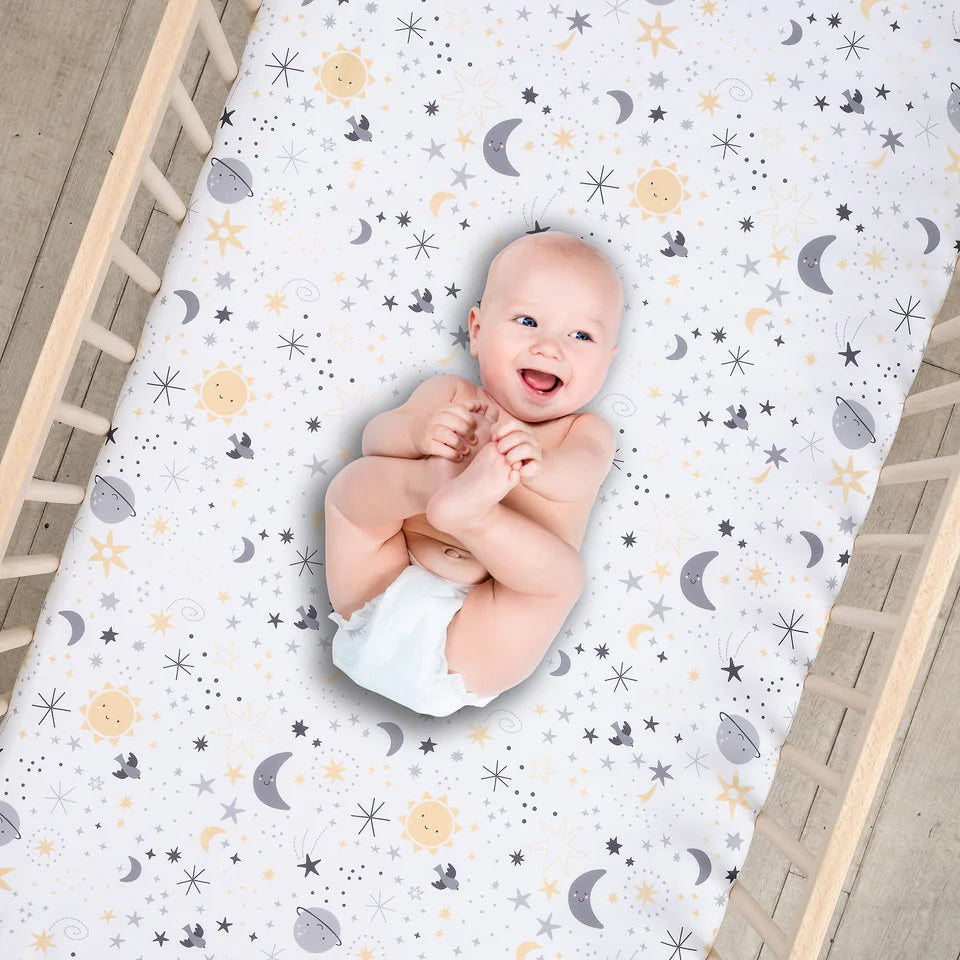 Bedtime Originals Little Star White Celestial Microfiber Baby Fitted Crib Sheet- Bambi Baby