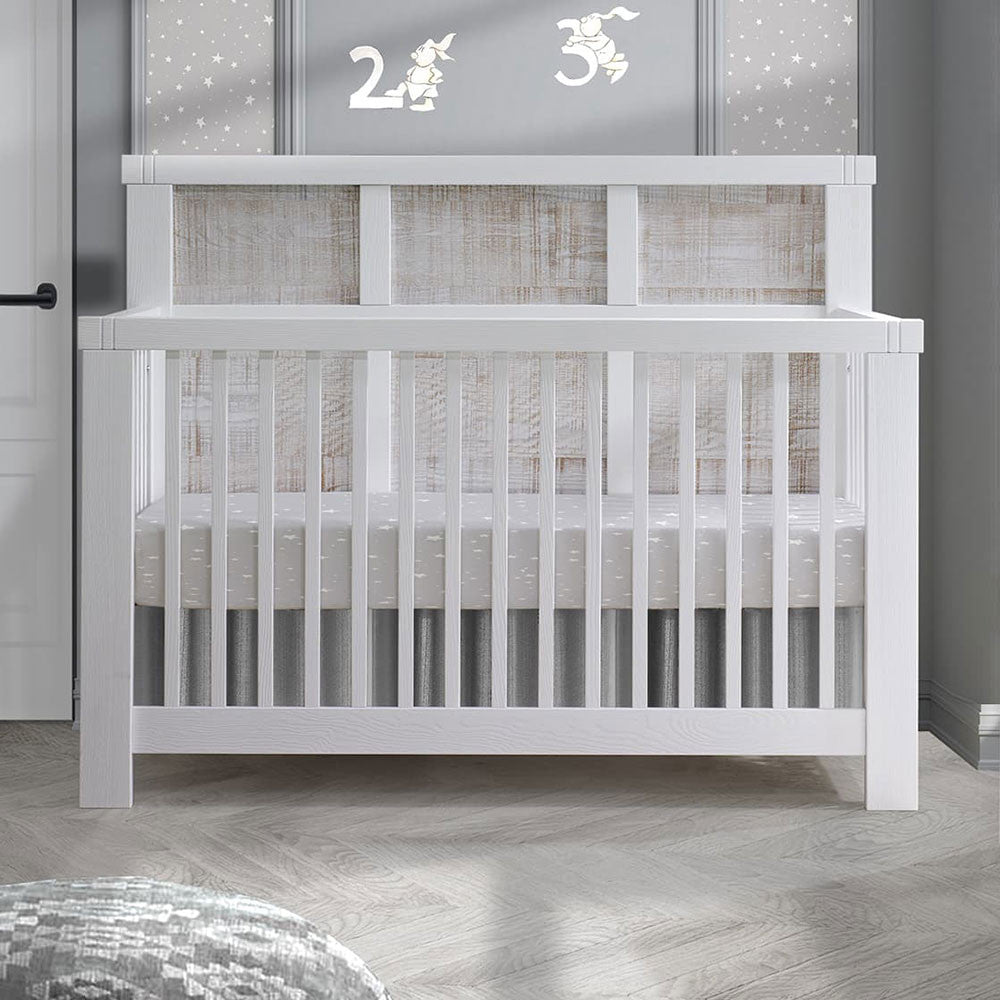 Natart Rustico Moderno 5-in-1 Convertible Crib with Wood Panel (w/out rails) in White with White Bark- Bambi Baby