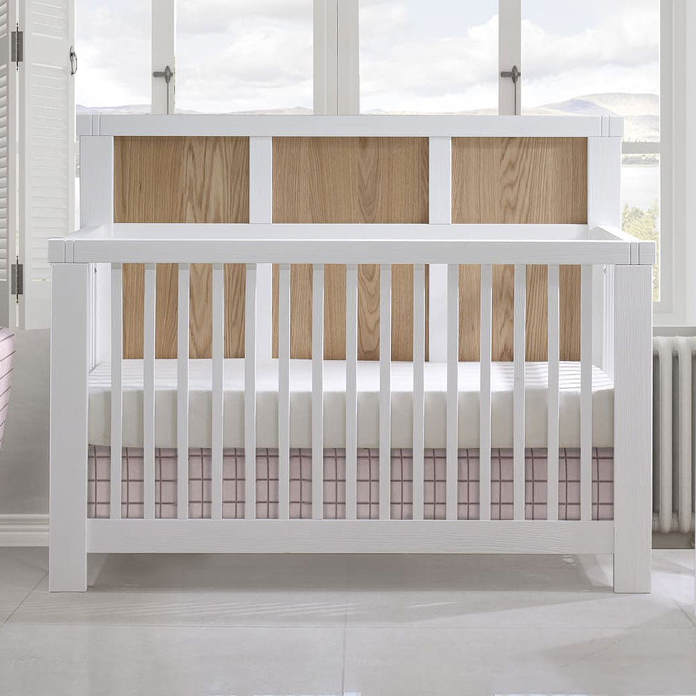 Natart Rustico Moderno ''5-in-1'' Convertible Crib with Wood Panel (w/out rails) in White with Natural Oak- Bambi Baby