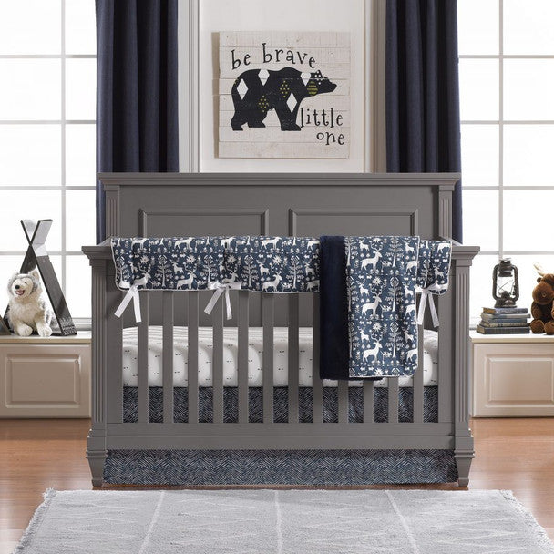 Liz and Roo Woodland Forest Bumperless Crib Bedding 4-Piece Set in Navy- Bambi Baby