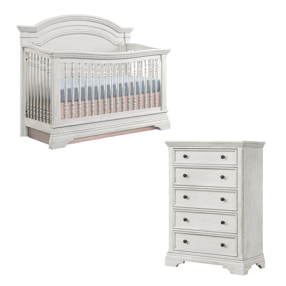 Westwood Olivia 2 Piece Nursery Set - Arched Crib and 5 Drawer Chest in Brushed White- Bambi Baby
