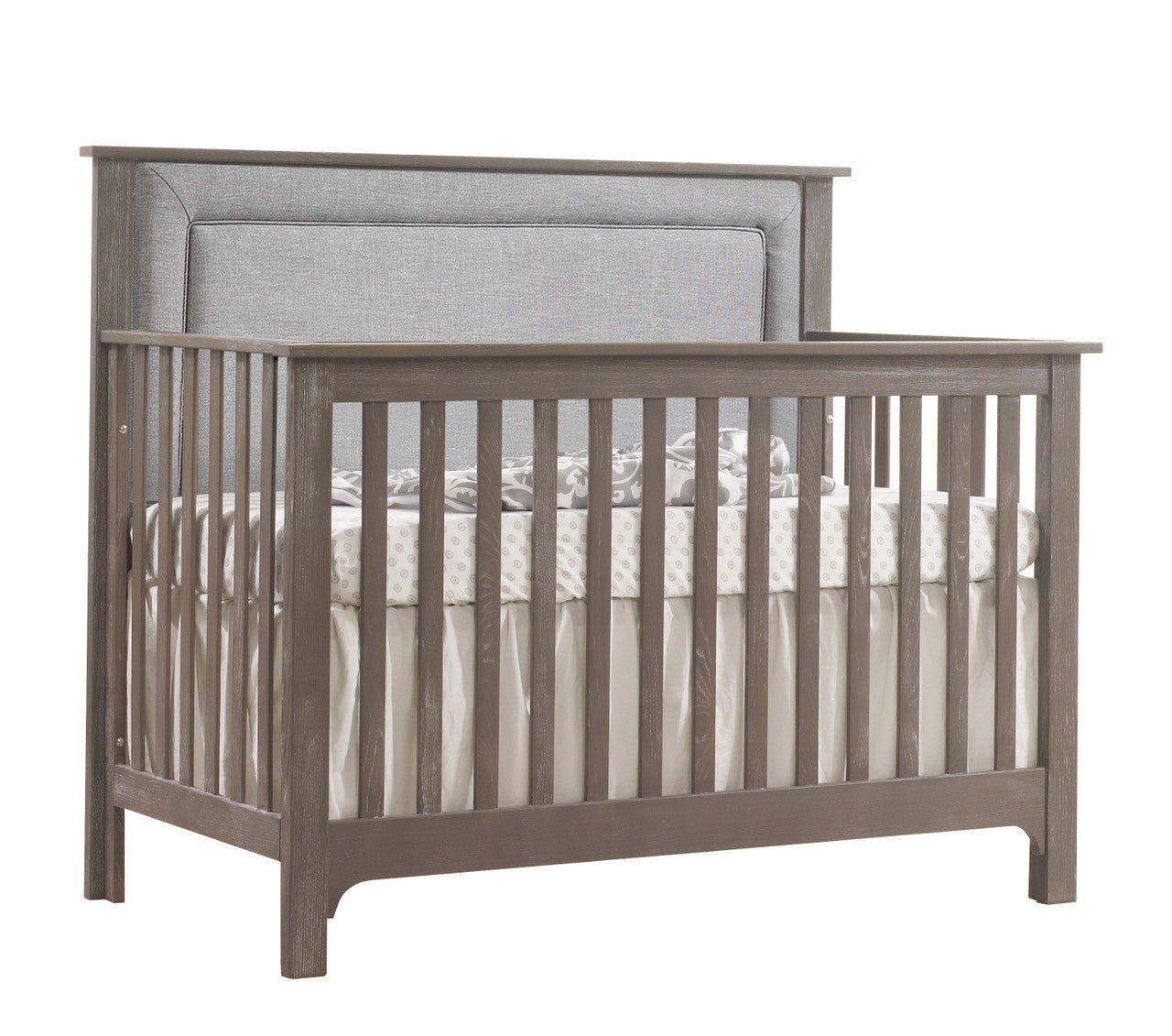 Cuna convertible 4 en 1 NEST Emerson Collection en color búho con panel tapizado en Fog-1 - Bambi Baby