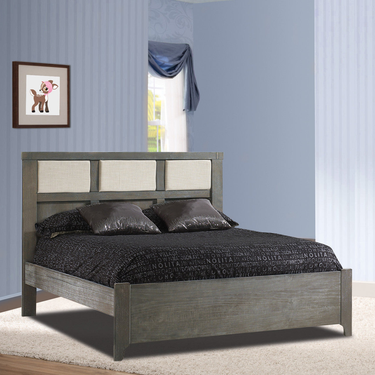 Natart Rustico Collection Double Bed 54" in Owl with Low profile footboard, rails & upholstered Panel in Talc- Bambi Baby