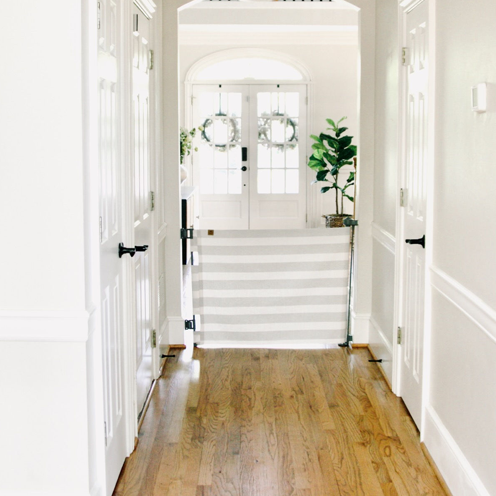 Grey Striped Crypton Fabric Safety Gate - Hallway Installation | Bambi Baby