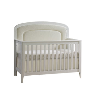 White Natart Palo Convertible Crib with Boucle Beige Upholstered Panel - Front View | Bambi Baby