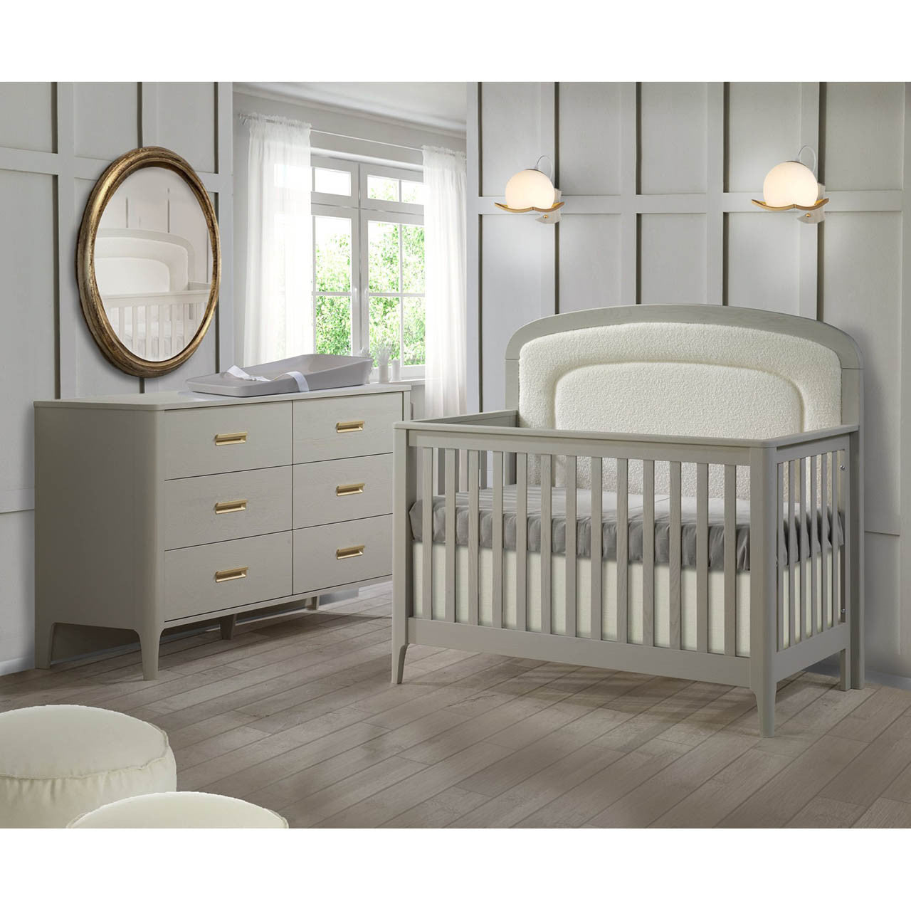 Natart Palo Crib To Double With Upholstered Panel Boucle Beige- Bambi Baby