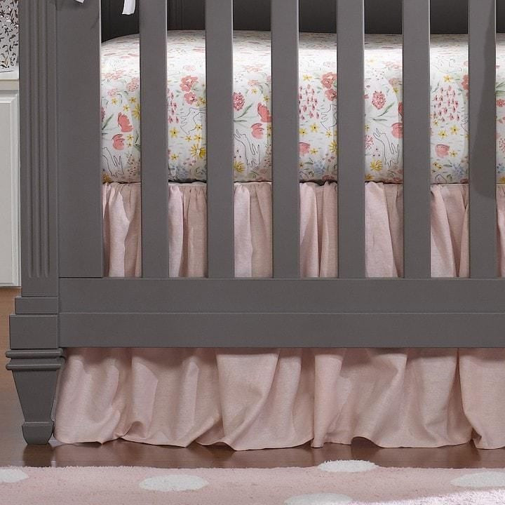 Liz and Roo Petal Pink Linen Blend Crib Skirt Gathered 16" Drop- Bambi Baby