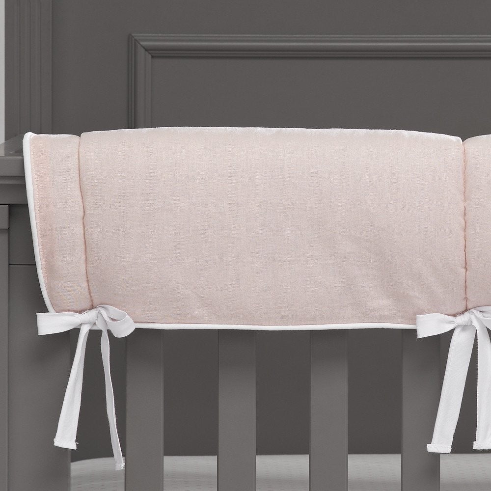 Liz and Roo Petal Pink Linen Blend Crib Rail Cover White Trim- Bambi Baby