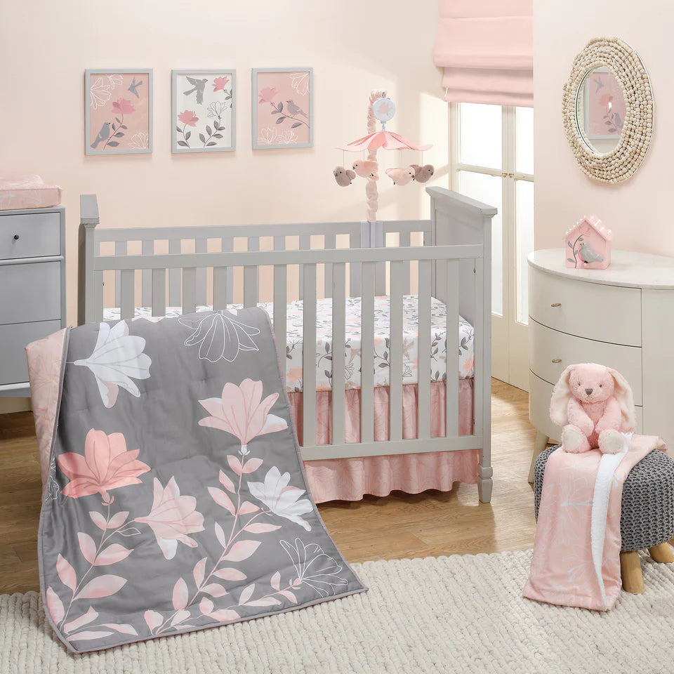 Lambs & Ivy Petals White/Pink/Gray Floral 100% Cotton Fitted Crib/Toddler Sheet- Bambi Baby