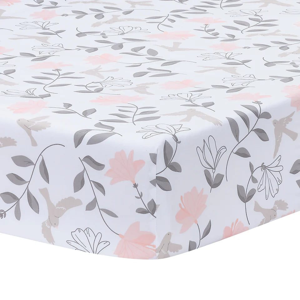 Lambs & Ivy Petals White/Pink/Gray Floral 100% Cotton Fitted Crib/Toddler Sheet- Bambi Baby