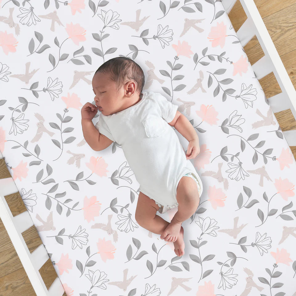 Lambs & Ivy Petals White/Pink/Gray Floral 100% Cotton Fitted Crib/Toddler Sheet- Bambi Baby