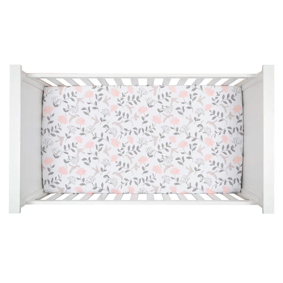 Lambs & Ivy Petals White/Pink/Gray Floral 100% Cotton Fitted Crib/Toddler Sheet- Bambi Baby