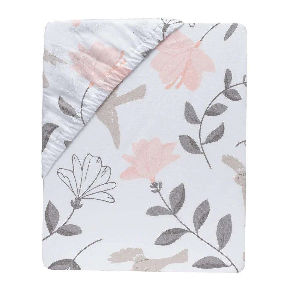 Lambs & Ivy Petals White/Pink/Gray Floral 100% Cotton Fitted Crib/Toddler Sheet- Bambi Baby