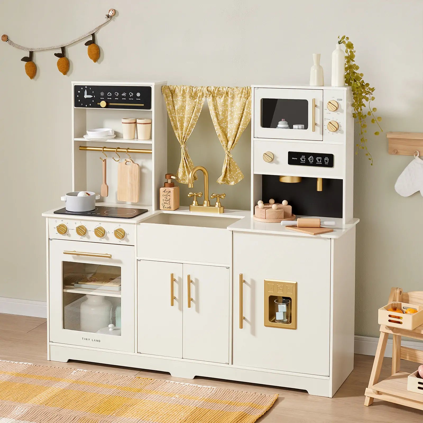Tiny Land® Iconic Wooden Play Kitchen – Cream Pretend Cooking Set for Kids- Bambi Baby