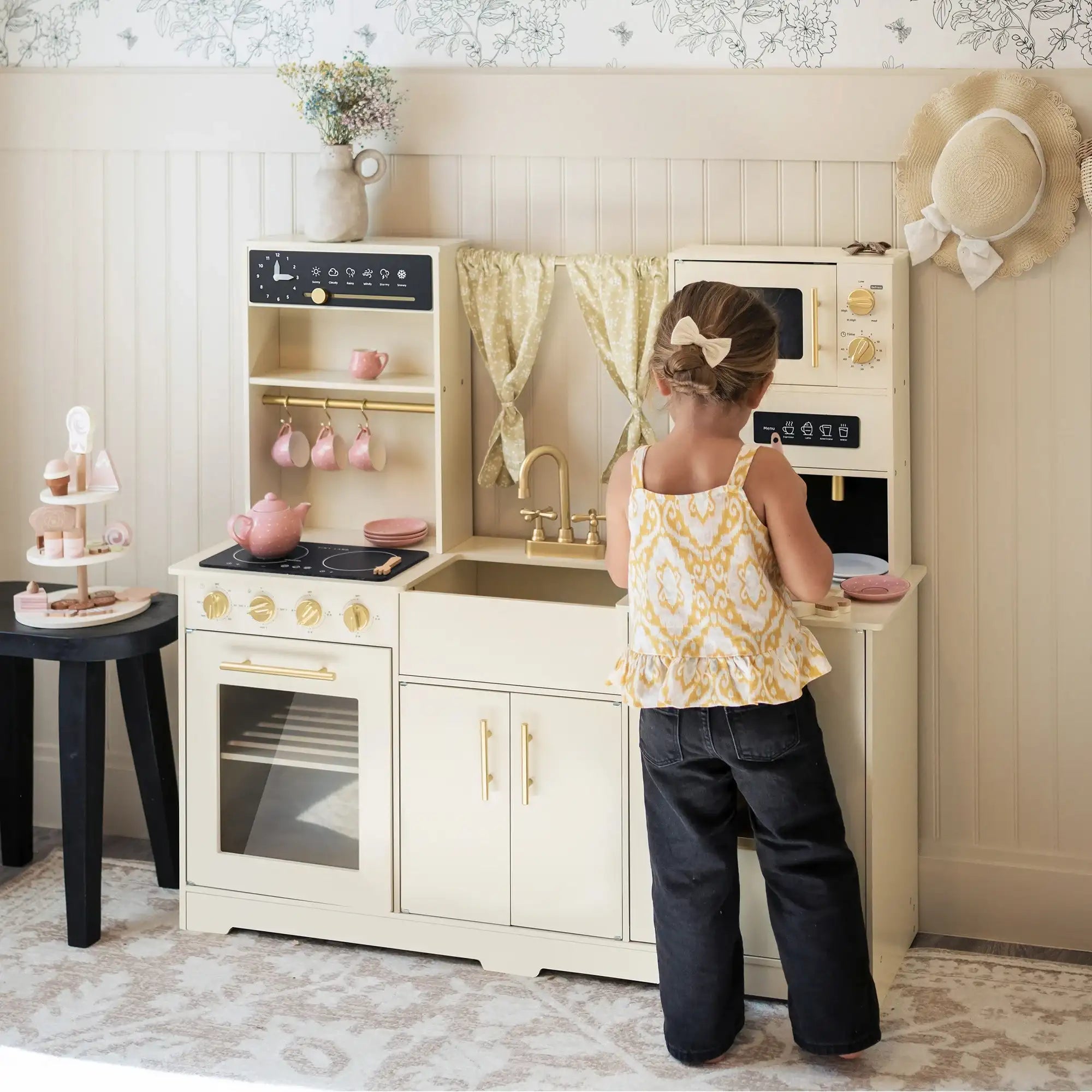 Tiny Land® Iconic Wooden Play Kitchen – Cream Pretend Cooking Set for Kids- Bambi Baby