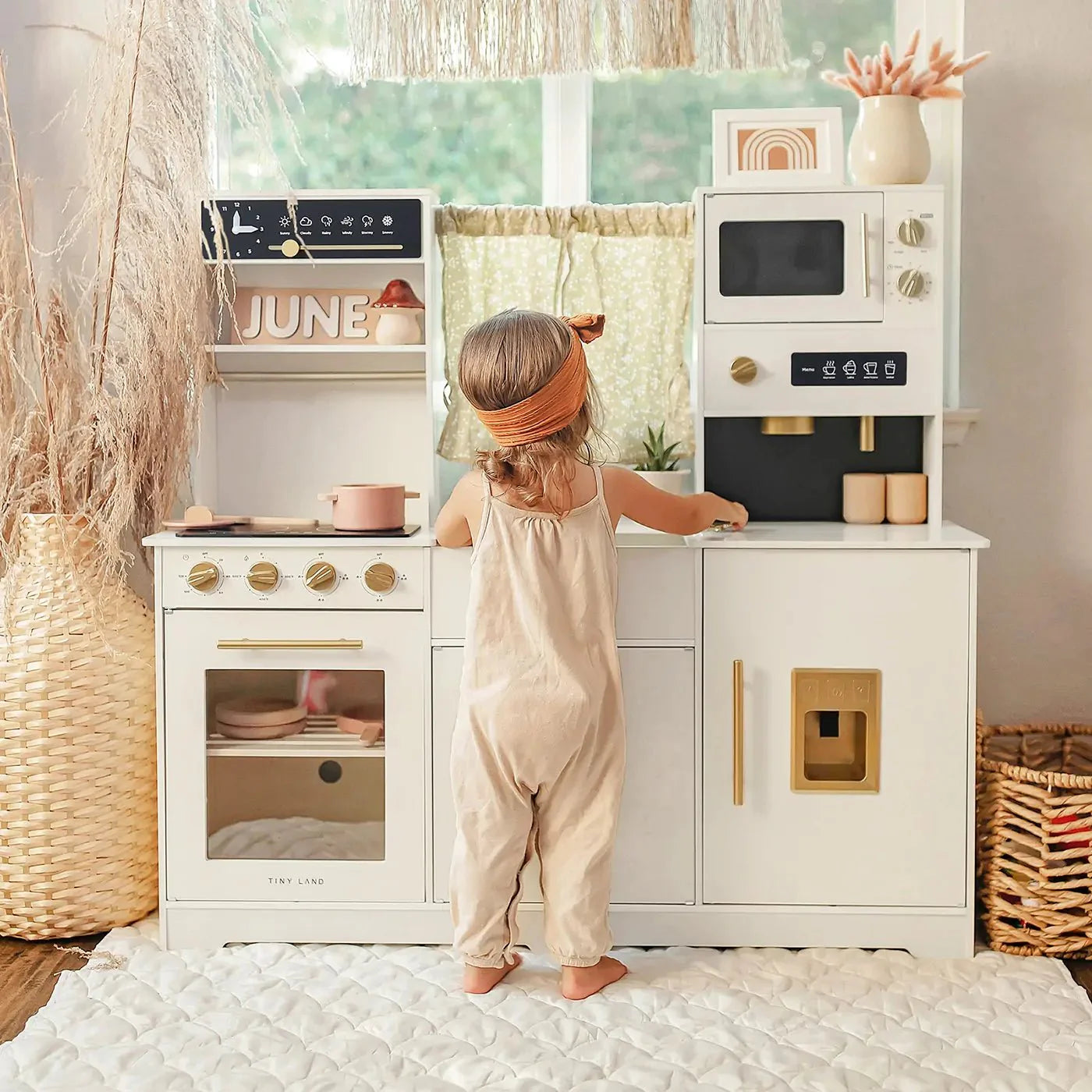 Tiny Land® Iconic Wooden Play Kitchen – Cream Pretend Cooking Set for Kids- Bambi Baby