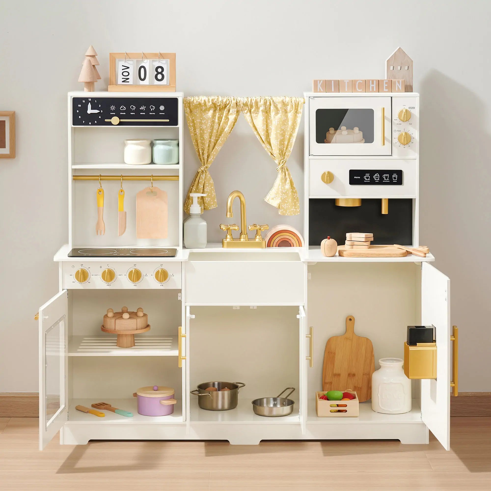Tiny Land® Iconic Wooden Play Kitchen – Cream Pretend Cooking Set for Kids- Bambi Baby