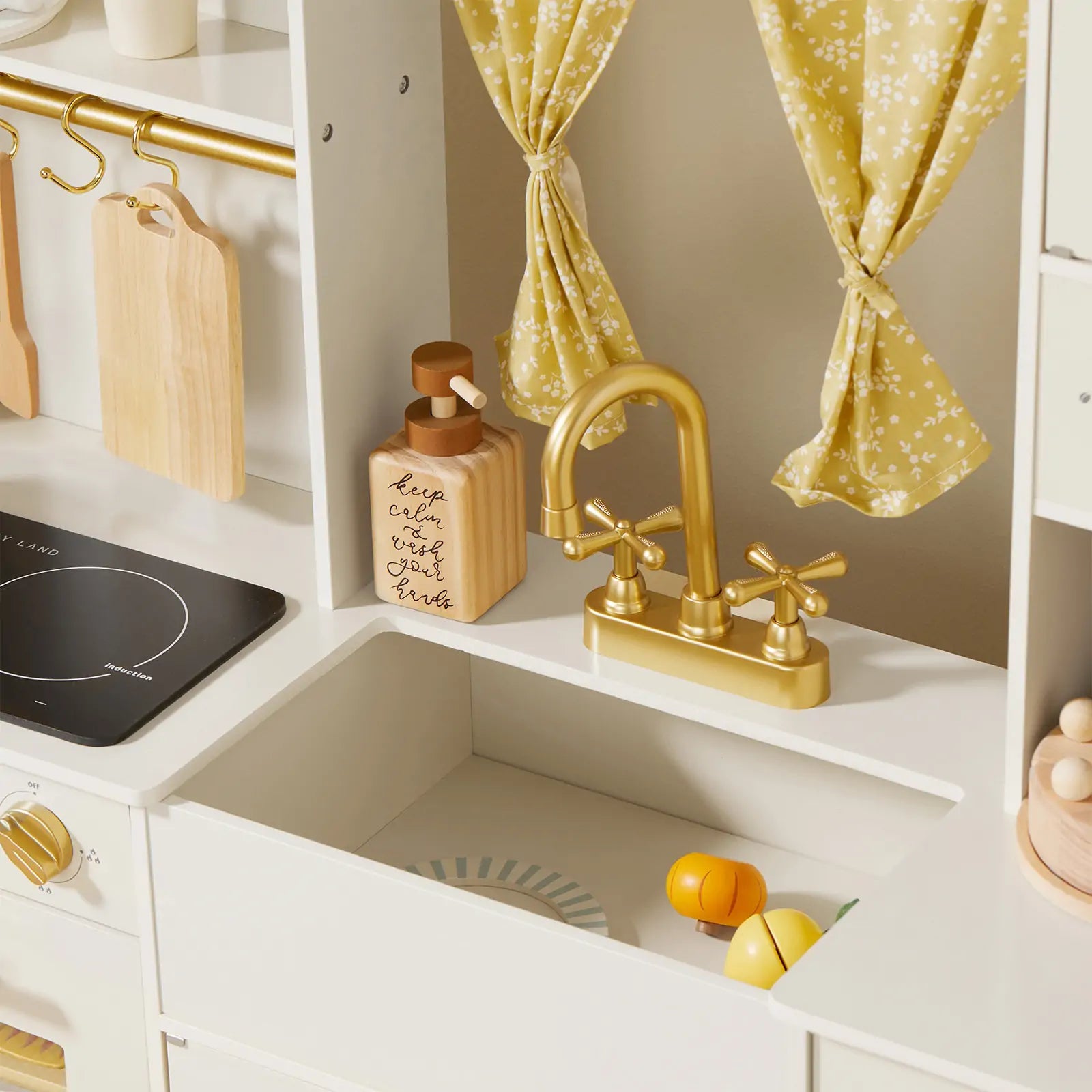 Tiny Land® Iconic Wooden Play Kitchen – Cream Pretend Cooking Set for Kids- Bambi Baby