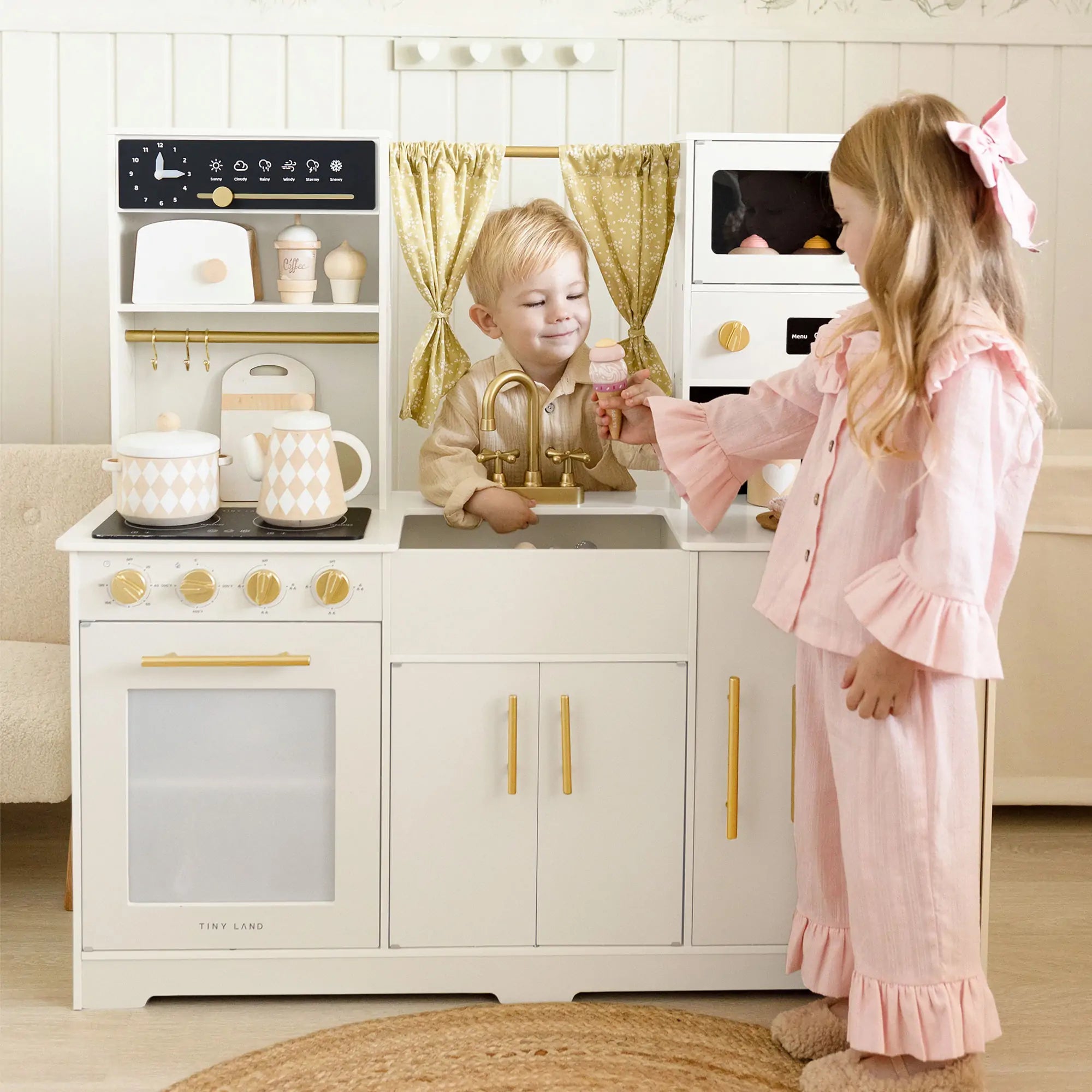 Tiny Land® Iconic Wooden Play Kitchen – Cream Pretend Cooking Set for Kids- Bambi Baby