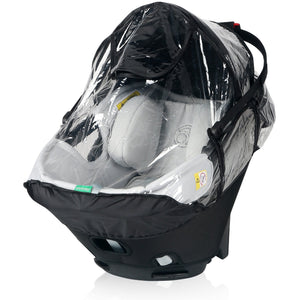 Clear PVC-Free Infant Car Seat Rain Cover on Black Orbit Baby Seat - Angled View | Bambi Baby