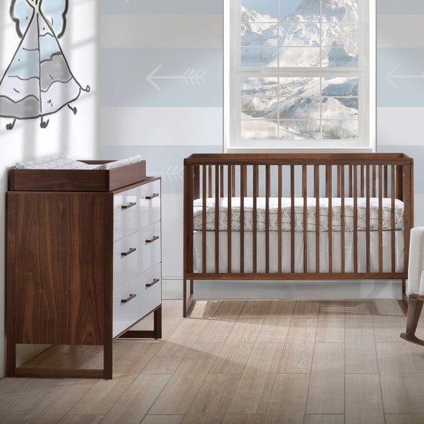 Tulip Rio Berço de 2 peças e cômoda dupla em nogueira/branco brilhante- Bambi Baby