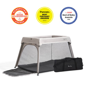 Stone Silver Cross Sleep & Go Travel Crib with Carry Bag - 3/4 View | Bambi Baby