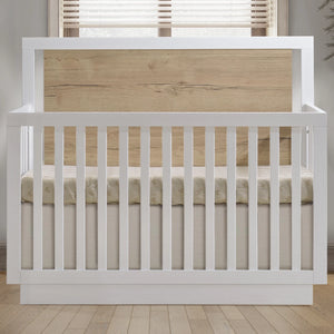 White Wood Convertible Crib with Natural Oak Headboard - Front View | Bambi Baby