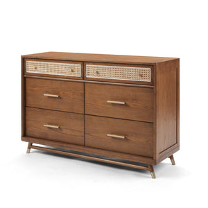 Walnut Mid-Century Modern 6-Drawer Dresser with Rattan Detail - Front Angle | Bambi Baby