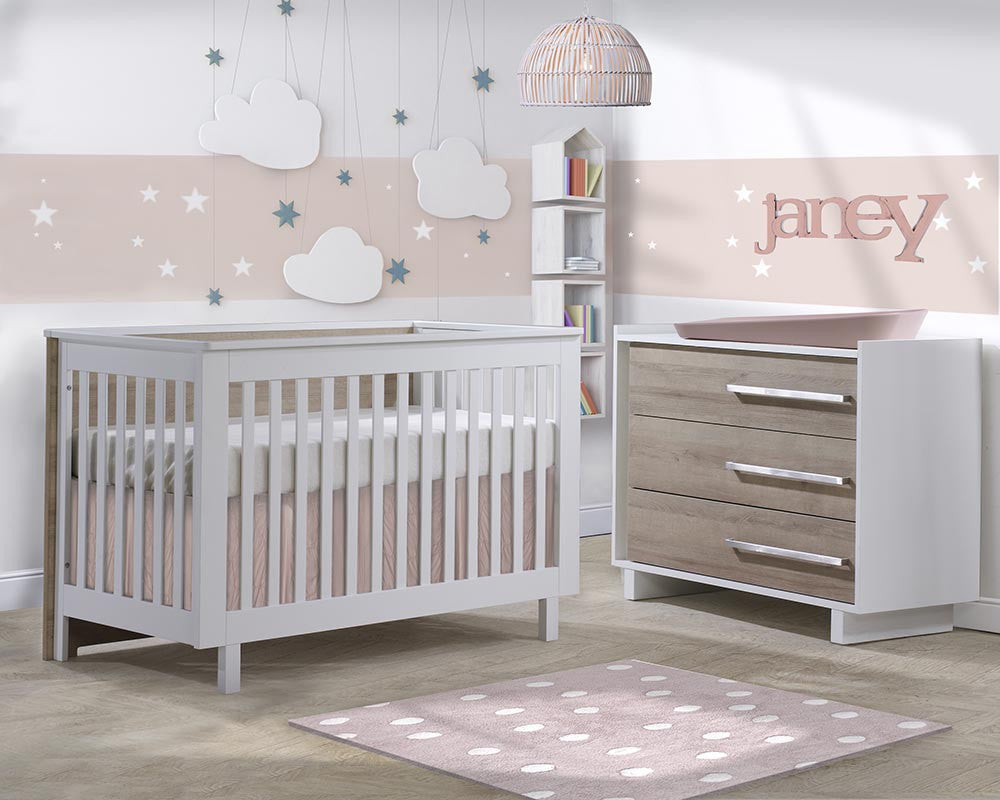 Natart Tulip Urban 2 Piece Set - Convertible Crib and 3 Drawer Dresser in White/Natural- Bambi Baby